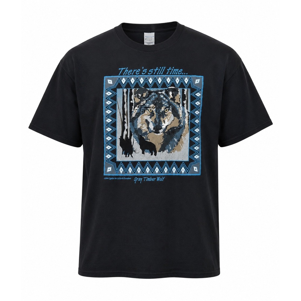 Vintage 1994 Gray Timber Wolf T-Shirt Black C Guire Earth Foundation Mens XL 90s